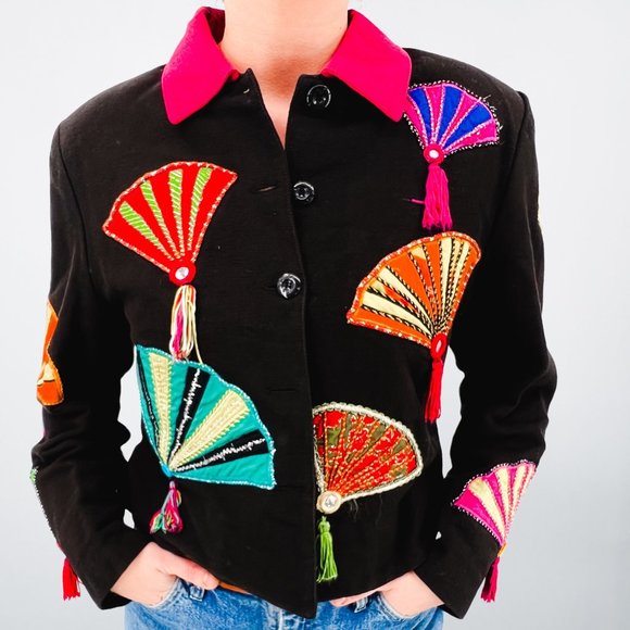 Vintage Anage Colorful Novelty Fan Button Up Jacket with Tassels - Size M - Picture 5 of 6